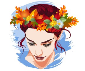 Beautiful girl with long hair in a wreath of autumn leaves.. Vector illustration for greeting card or poster, print on clothes. Fashion and style, accessories, autumn.