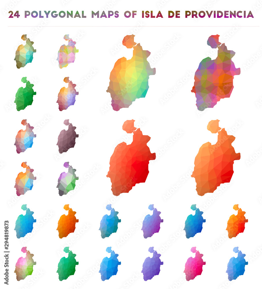 Poster set of vector polygonal maps of isla de providencia. bright gradient map of island in low poly style