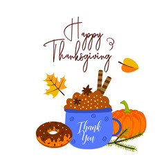 Autumn greeting card, postcard design. Fall season dessert and drink composition with lettering. Vector illustration. 