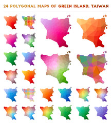 Set of vector polygonal maps of Green Island, Taiwan. Bright gradient map of island in low poly style. Multicolored Green Island, Taiwan map in geometric style for your infographics.