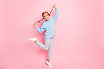 Full length body size turned photo of cheerful trendy casual screaming cute schoolgirl wearing...