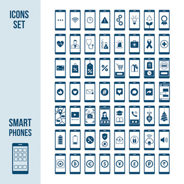 Set of smartphones, apps and icons