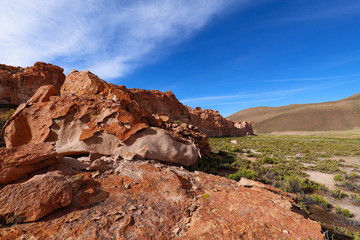 Rock formations of "Italia Perdida" in the Andean highlands of Bolivia. Landscape of the Bolivian highlands. Desert landscape of the Andean plateau of Bolivia