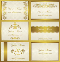Set of business card with luxury gold floral decoration and seamless light wallpaper