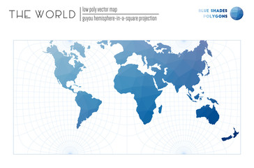Fototapeta na wymiar Low poly world map. Guyou hemisphere-in-a-square projection of the world. Blue Shades colored polygons. Energetic vector illustration.