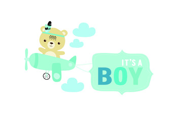 Vector illustration "this is a boy" with a teddy bear on an airplane