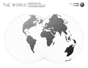 Low poly world map. Nicolosi globular projection of the world. Grey Shades colored polygons. Beautiful vector illustration.