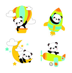 Vector set of illustrations with cartoon panda. Panda travels