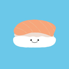 Vector illustration of a cute piece of salmon sushi. Funny food concept.