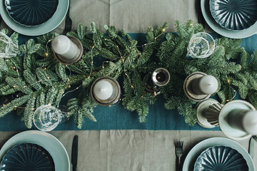 Christmas / New Year composition. Festive christmas / Thanksgiving table decorated with fir...