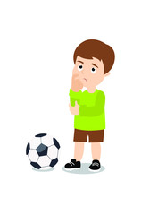 Boy with a soccer ball. The boy thinks. Footballer. Vector illustration