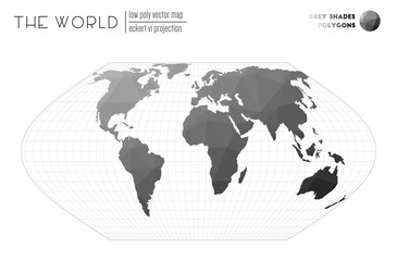 Low poly world map. Eckert VI projection of the world. Grey Shades colored polygons. Stylish vector illustration.