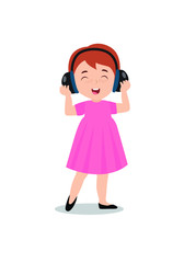 The girl listens to music in headphones. The girl sings. Vector illustration