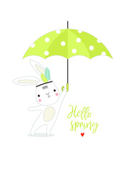 "Hello Spring" Vector poster. Bunny with an umbrella.