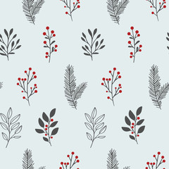 Fototapeta premium Hand drawn vector winter floral pattern. Seamless background with winter branches and leaves. Hand drawn floral elements. Vintage botanical illustrations. 