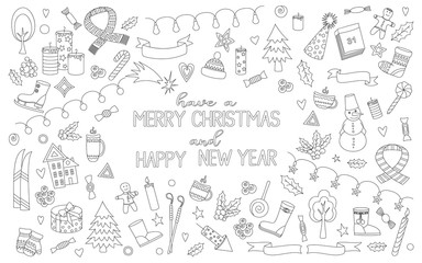 Merry Christmas black and white set. Hand drawn poster with doodle Christmas elements. Coloring book page. Vector illustration 