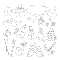 Merry Christmas black and white set. Hand drawn poster with doodle Christmas elements. Coloring book page. Vector illustration 