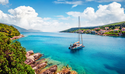 Marvelous summer view of Fiskardo port. Stunning morning seascape of Ionian Sea. Picturesque...