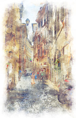 Digital illustration in watercolor style of narrow alleys of the old city in the center of Rome