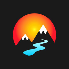 Mountain logo template in modern style, line art style, full color. Peaks with snow, river and sun in background