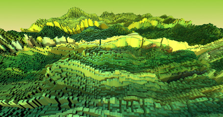 Fototapeta premium 3D Complex City With Moving Colorful Cubes. Complex Cube Shapes Forming Modern City. Technology And Industry Related 3D Illustration Render