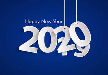 Obraz na płótnie Canvas Blue Happy New Year 2020 concept with paper cuted white numbers on ropes. Change year from 2019 to 2020. Origami style numbers. Christmas and Chinese New Year decor. Vector illustration