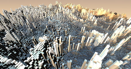 Abstract 3D City Background With Moving Cubes. Complex Cube Shapes Forming Modern City. Technology And Industry Related 4K 3D Illustration Render