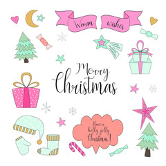 Hand drawn set with doodle Christmas elements.  Vector illustration.