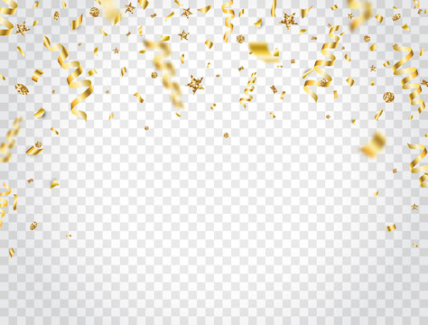 Confetti and glitter on transparent background. Falling shiny gold confetti. Bright golden festive tinsel. Party backdrop. Holiday design elements for Christmas, Birthday, Wedding. Vector illustration