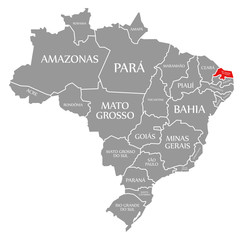 Rio Grande do Norte red highlighted in map of Brazil
