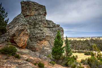 Fototapeta na wymiar Rock formation in the Mount Arapiles National Park, a renowned rock climbing area in Western Victoria near the Wimmera town of Natimuk. 