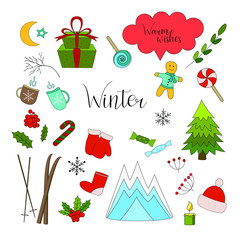 Hand drawn set with doodle Christmas elements.  Vector illustration.