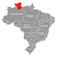 Roraima red highlighted in map of Brazil