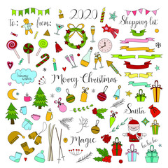 Hand drawn set with doodle Christmas elements.  Vector illustration.