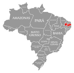 Paraiba red highlighted in map of Brazil
