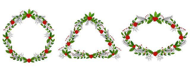 Christmas wreathes with winter plants and berries .