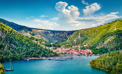 Breathtaking spring cityscape of Skradin port. Aerial morning vire of Krka National Park,...