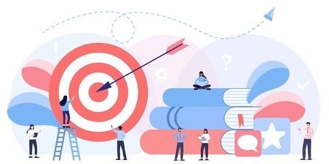 Businessmen working, big target with arrow. Internal marketing, company goals promotion, employee engagement concept. Header or footer banner template. Teamwork, leadership, success, online education