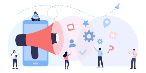 business promotion, call through the horn, online alerting. communication via the Internet, social media networking,chat, video,news,messages,web site, search friends. people talking in group chat