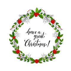 Christmas wreath with winter plants, berries and lettering.