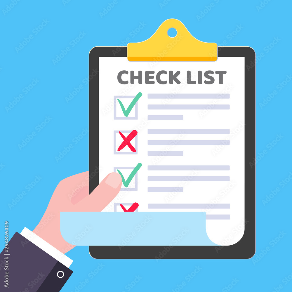 Poster hand hold clipboard with to do list claim form on it, paper sheets, check marks tick ok and cross x,