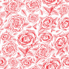 Red Roses Contour Seamless Pattern with Sketch Hand Drawn Flowers for Valentines Day Gift Paper or Wedding Card Design. Engraved Freehand Rose Texture. Summer Floral Vector Pattern, Print Background