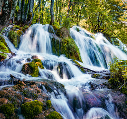 Fototapeta na wymiar Stunning morning view of pure water waterfall on Plitvice National Park. Colorful spring scene of green forest. Splendid countryside view of Croatia, Europe. Beauty of nature concept background.