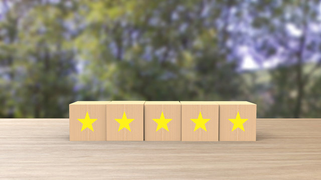 Wooden Cube Five Yellow Gold Star Review On Blur Trees Background. Service Rating, Satisfaction Concept. Reviews And Comments Google Maps, Tripadvisor, Facebook. Online Evaluations.	
