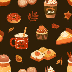 Autumn desserts flat seamless pattern