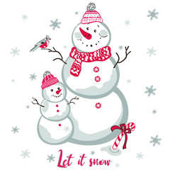 Christmas and New Year illustration with two snowmen. Square greeting card. Let it snow. Winter wishes vector illustration.