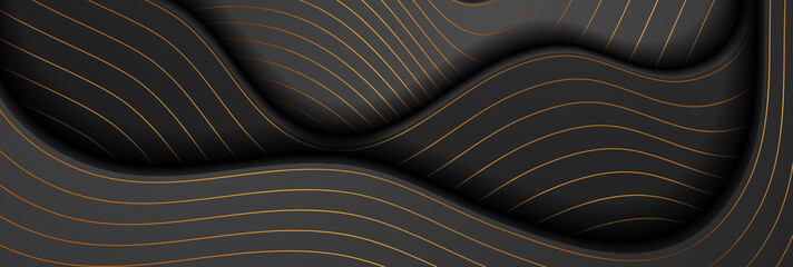 Black abstract corporate wavy banner with golden lines. Vector background
