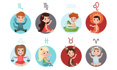Vector Illustration Icons Set With Zodiac Signs For Kids