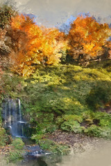 Obraz premium Digital watercolor painting of Stunning vibrant Autumn landscape of waterfall
