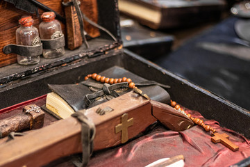 Deamon and vampire kit. Sacred tools for killing evil, hunters of God gear. Fantasy and halloween themes. Winter 2019.